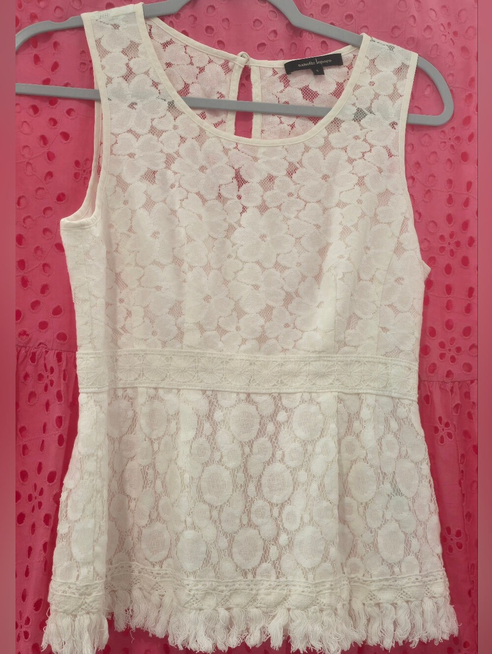 Nanette Lepore White Lace Peplum Blouse, Tassel Hem, Sleeveless, backZipper Sz:4